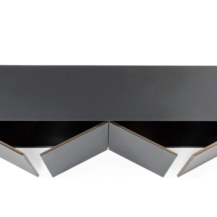 Distinguished Reflex Monolite sideboard with dark gray glass over wood, showcasing a matte finish and black interior detailing