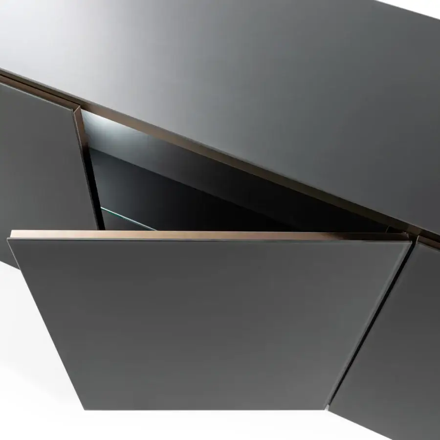 Superior Reflex Monolite sideboard with dark gray glass over wood, accented by a bronze top profile and plinth with a matte finish