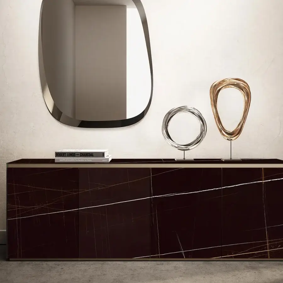 Elegant Reflex Monolite sideboard with reddish-brown marble veining and glossy glass over wood, built with a bronze top profile and plinth