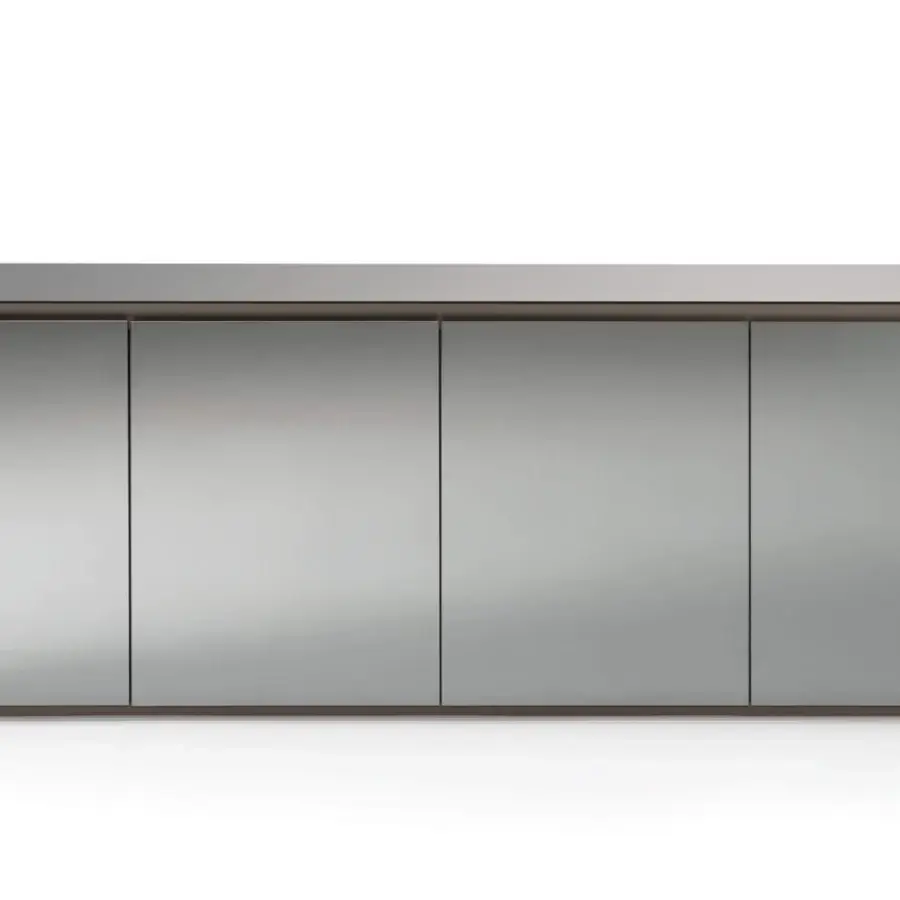 Distinguished Reflex Monolite sideboard with silvery-grey glass and a refined bronze finish on the top profile and plinth