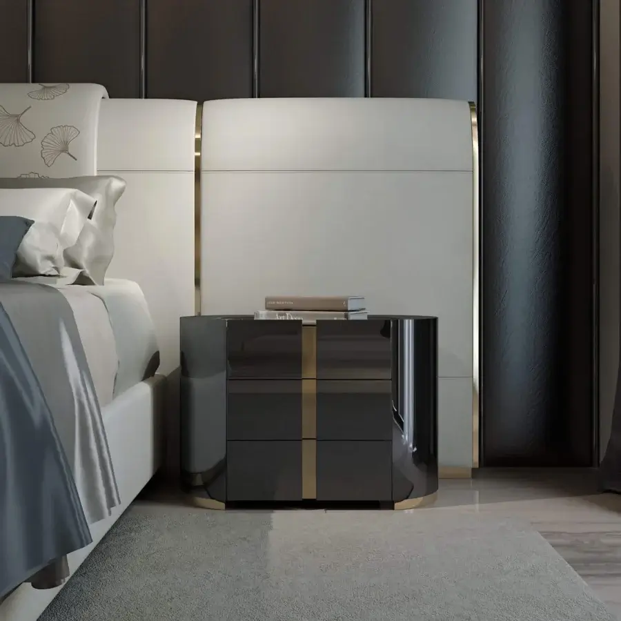 Distinguished Bizzotto Italia Ikat nightstand in dark gray with brass-tinted details and a glossy Flamme finish
