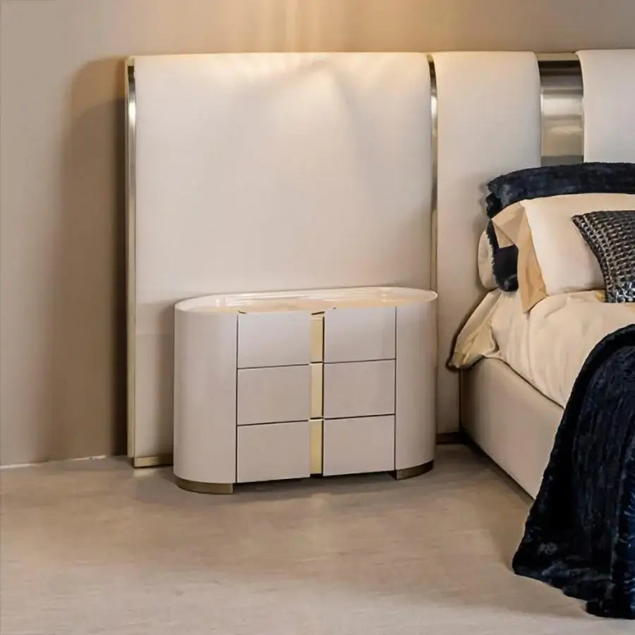 Exceptional Bizzotto Italia Ikat nightstand with six drawers, golden accent and lustrous brass-tinted details in glossy off-white finish