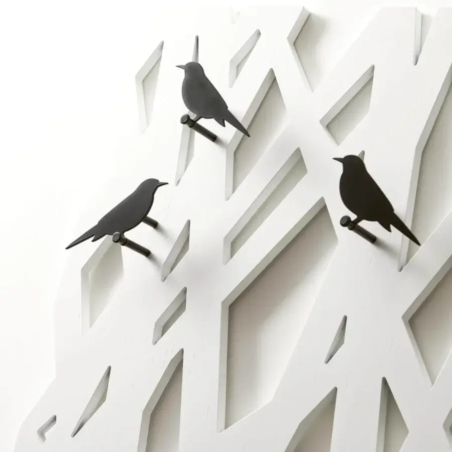 Innovative Pacini & Cappellini L'Albero coat stand crafted in ash solid wood with a painted matte white finish and black bird-shaped hooks