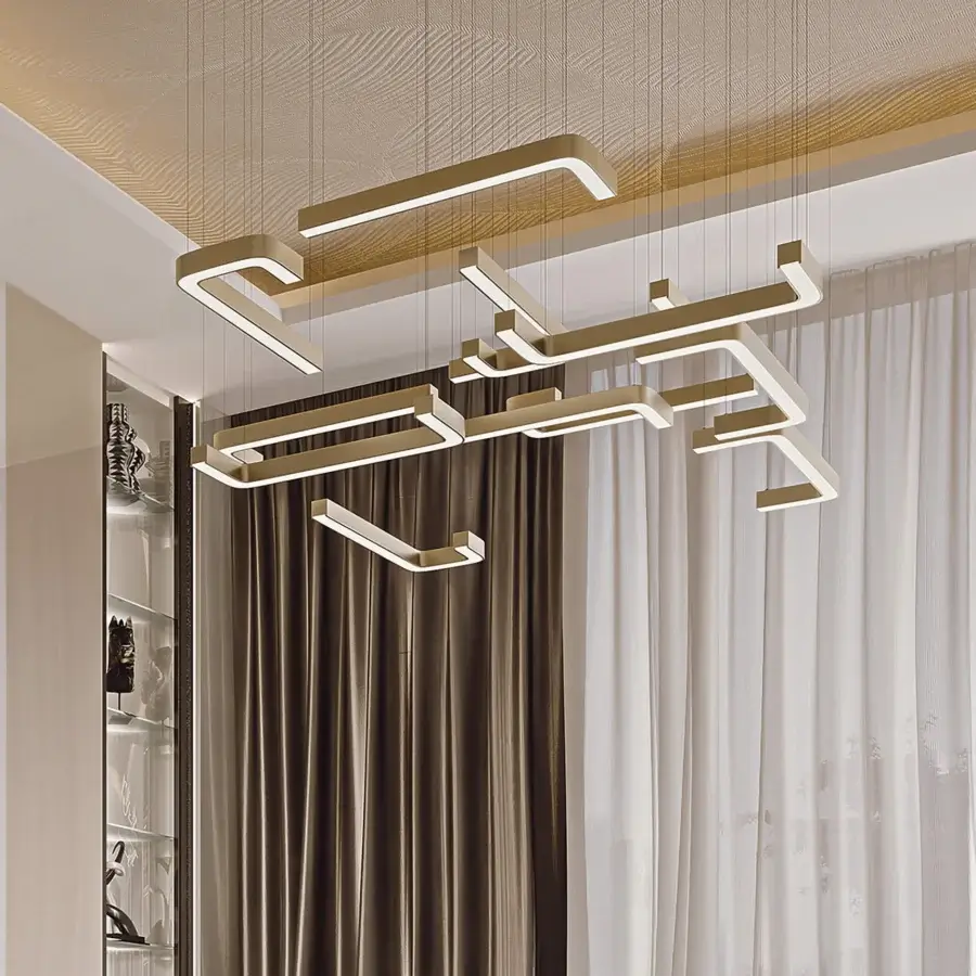 Exceptional Bizzotto Italia Horizons suspension lamp crafted in Italy with interconnected rectangular segments and radiant 24KT gold galvanization