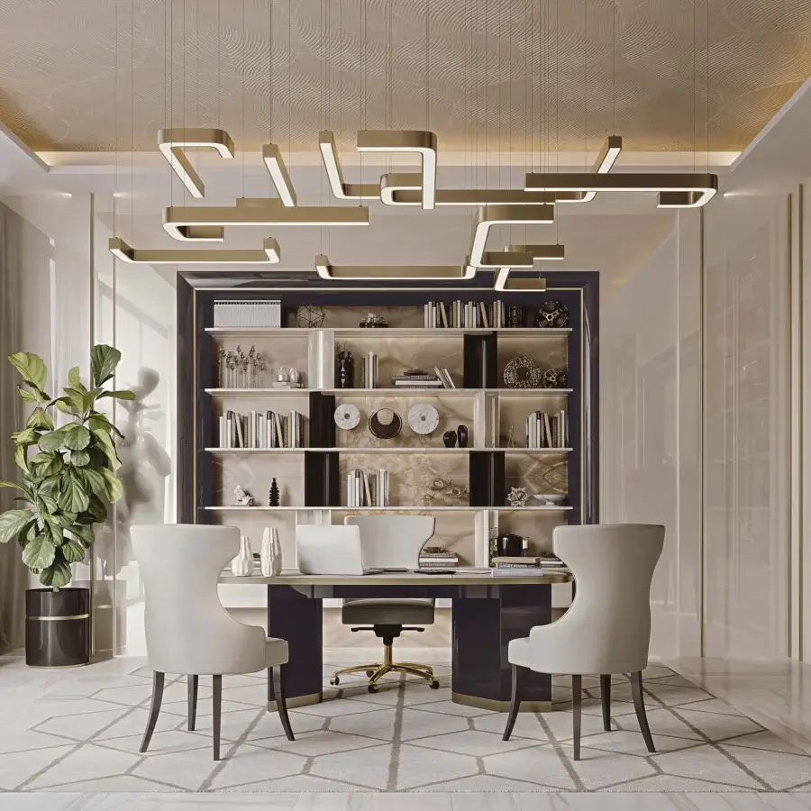 Superior Bizzotto Italia Horizons suspension lamp with a maze-like geometric design in matte 24KT gold galvanization