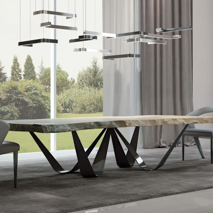 Elegant Bizzotto Italia Horizons suspension lamp with horizontally oriented rectangular light bars in chrome galvanization