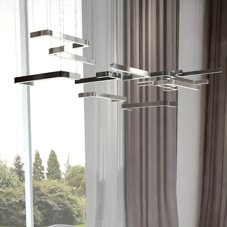 Exceptional Bizzotto Italia Horizons suspension lamp crafted in metal with interconnected rectangular bars and chrome galvanization