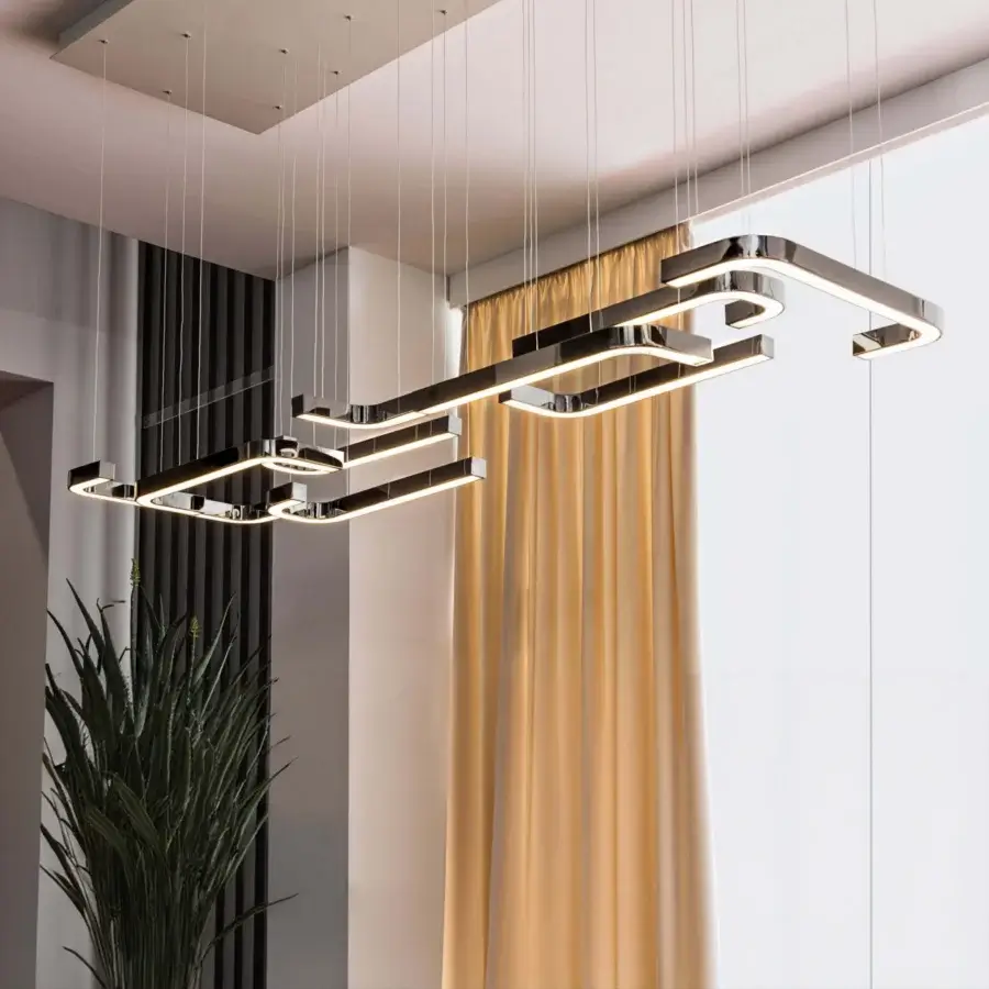 Elegant Bizzotto Italia Horizons suspension lamp crafted in polished chrome metal with interconnected rectangular forms emitting warm light