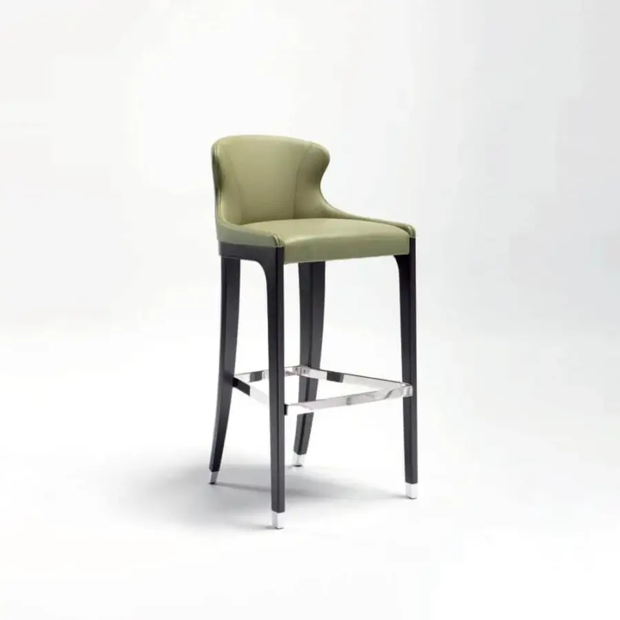 Elegant Potocco Miura stool with light olive-green upholstery and dark finished solid beech legs