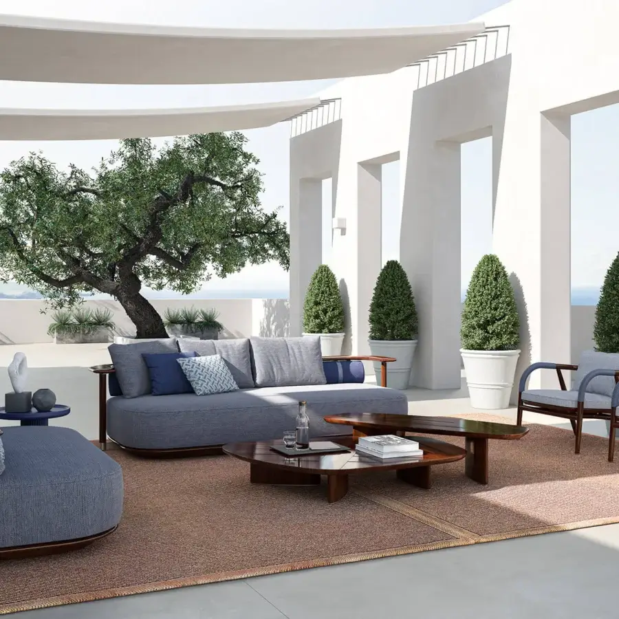 Distinctive CPRN Homood Pedro sofa upholstered in light gray premium fabric with a glossy wood frame outlining the base and armrests