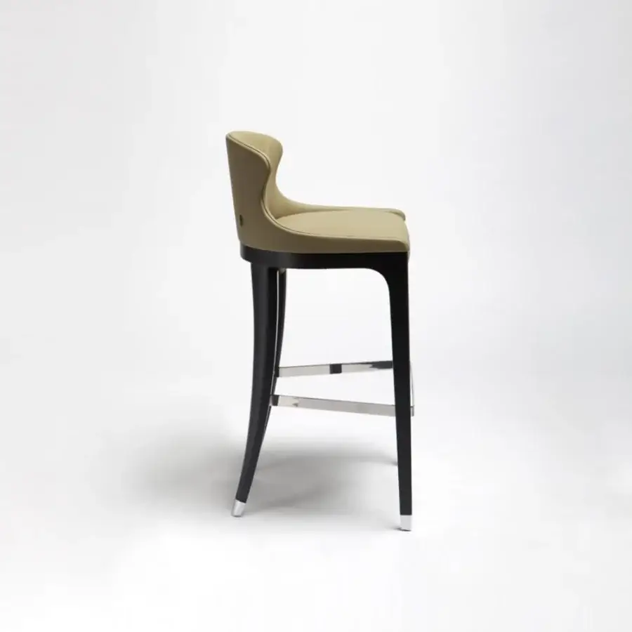 Superior Potocco Miura stool with comfortable padding, light tan synthetic upholstery and dark matte finished beech legs