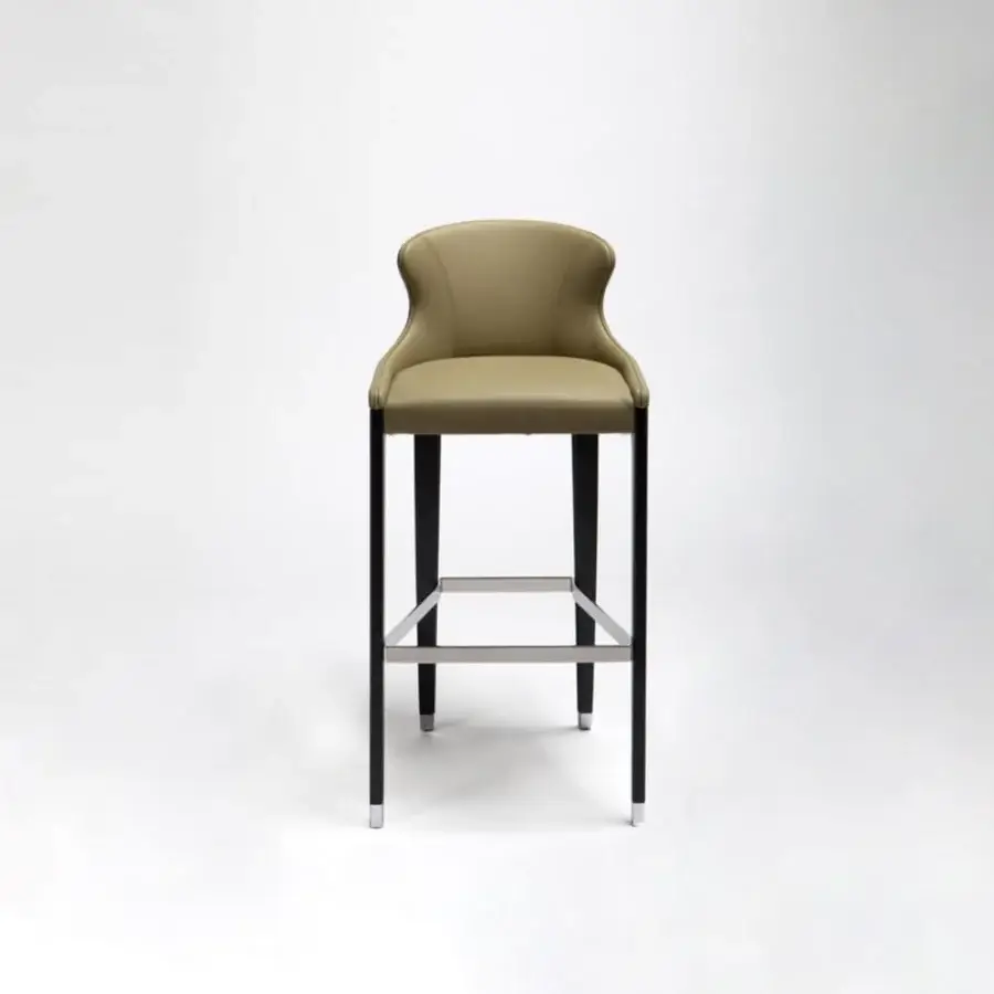 Distinguished Potocco Miura stool with sinuous lines, olive-green fabric upholstery and a beech frame with dark finish