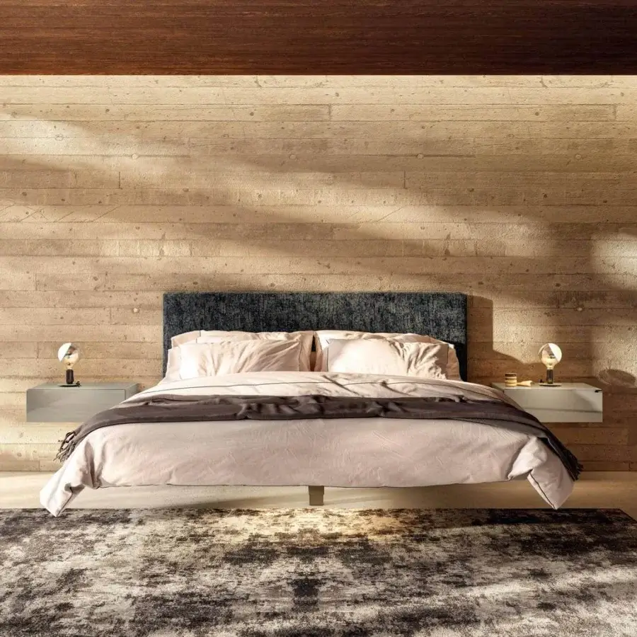 Exceptional Lago Fluttua bed crafted in Italy with dark gray fabric upholstery and imperceptible HPL base