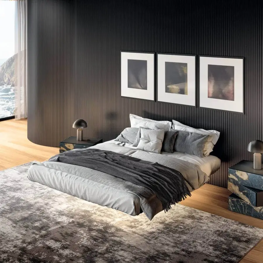 Avant-garde Lago Fluttua bed, a remarkable bed with light and darker gray tones built with a magical HPL base, made in Italy