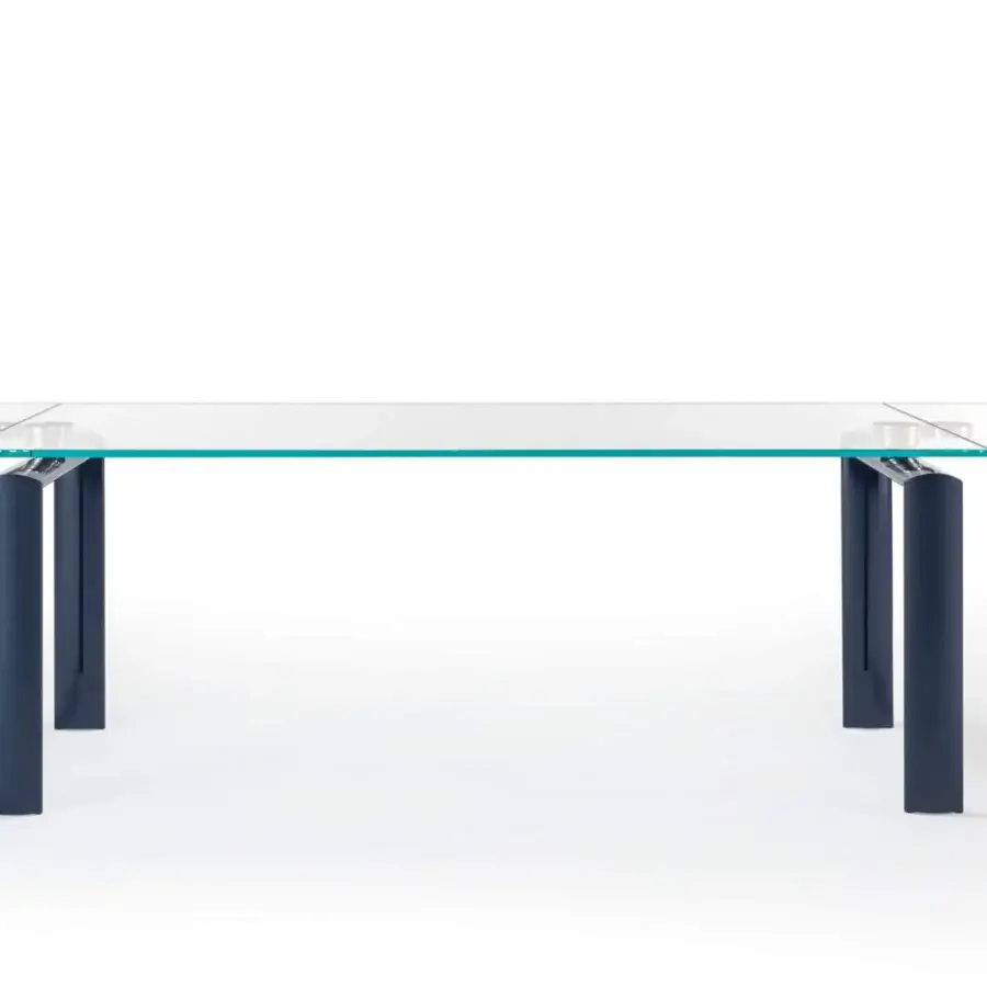 Exclusive Reflex Policleto table, a contemporary table with transparent tempered glass and dark blue-gray matte oval metal legs