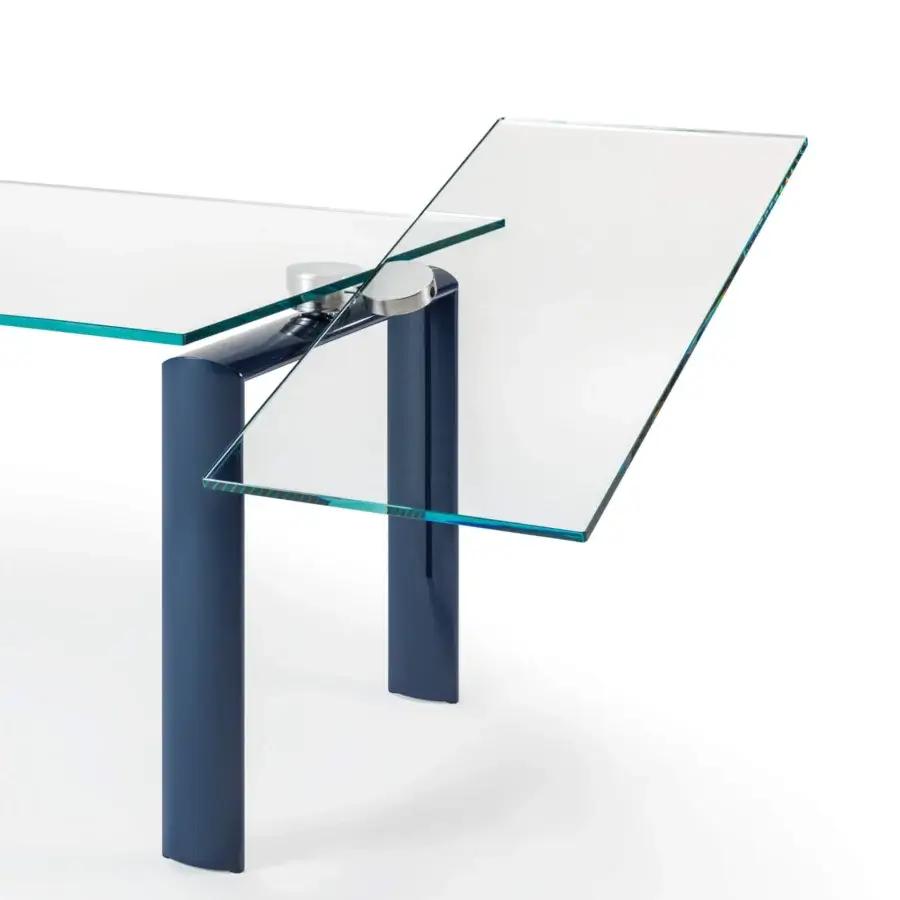 Distinguished Reflex Policleto table, a contemporary table with transparent tempered glass and a glossy dark blue support built with curved glass legs