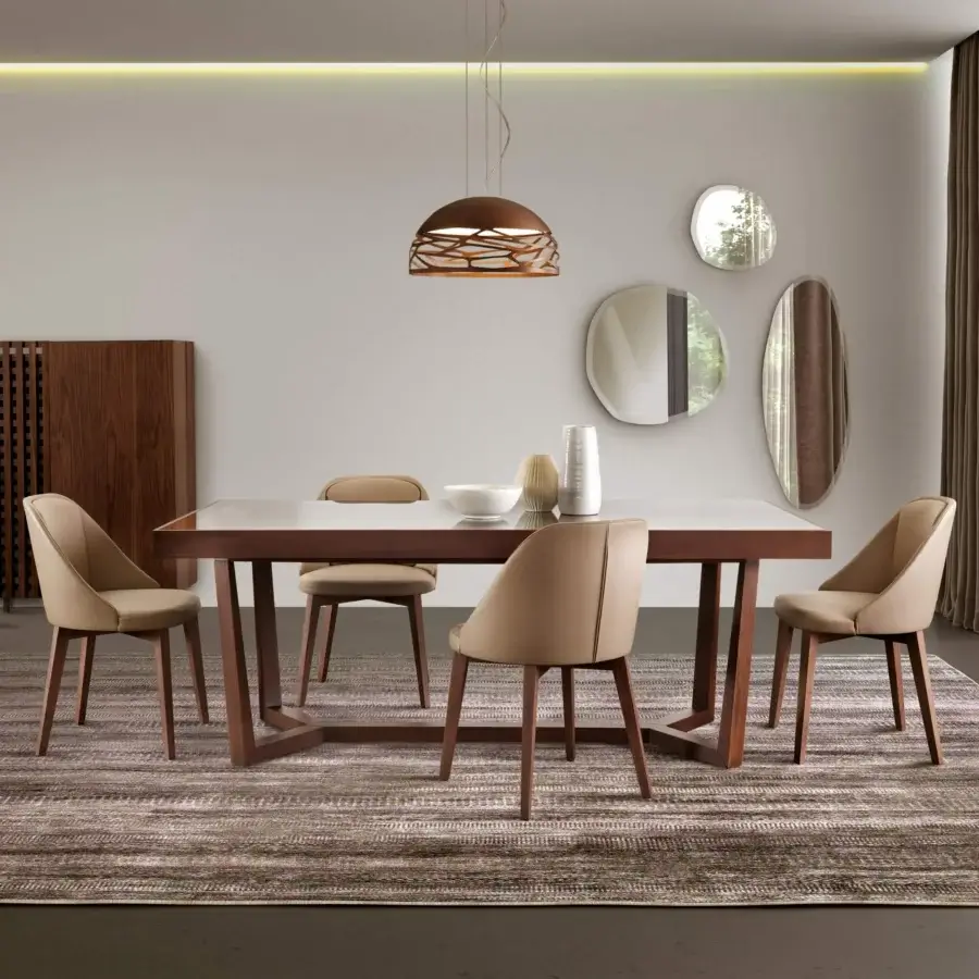 Distinguished Pacini & Cappellini Aliante table with veneered wood tabletop and geometric solid ash legs in a light finish