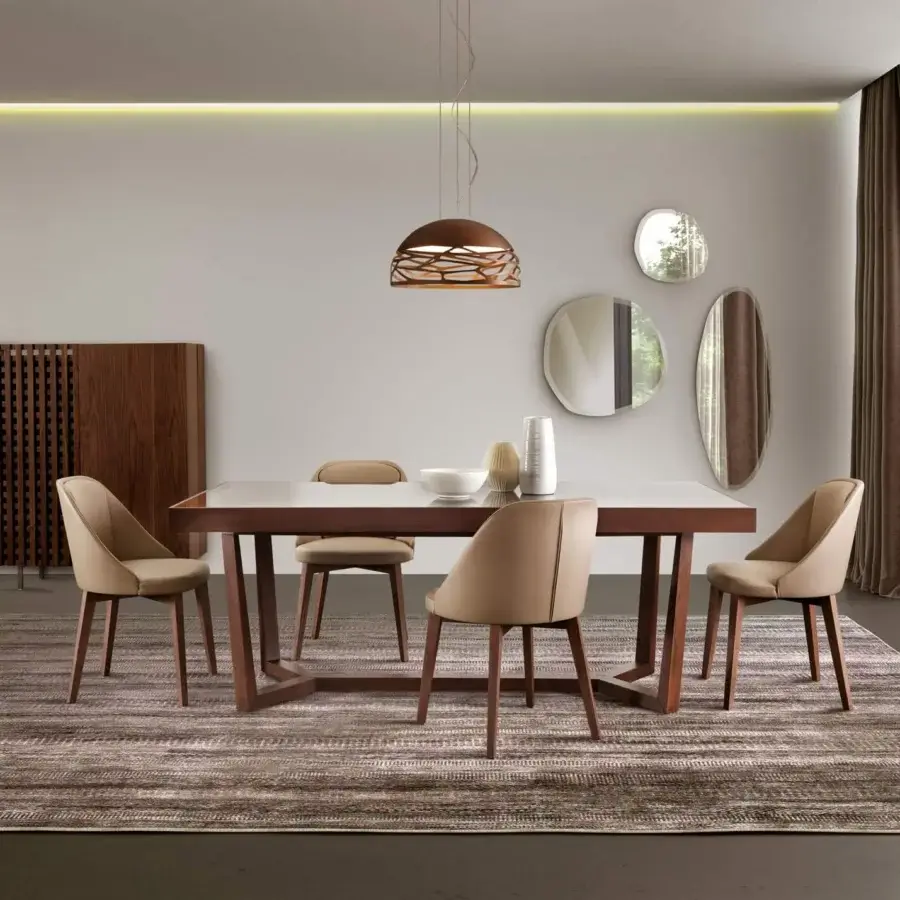 Harmonious Pacini & Cappellini Aliante table with solid ash wood legs and glossy veneered wood tabletop