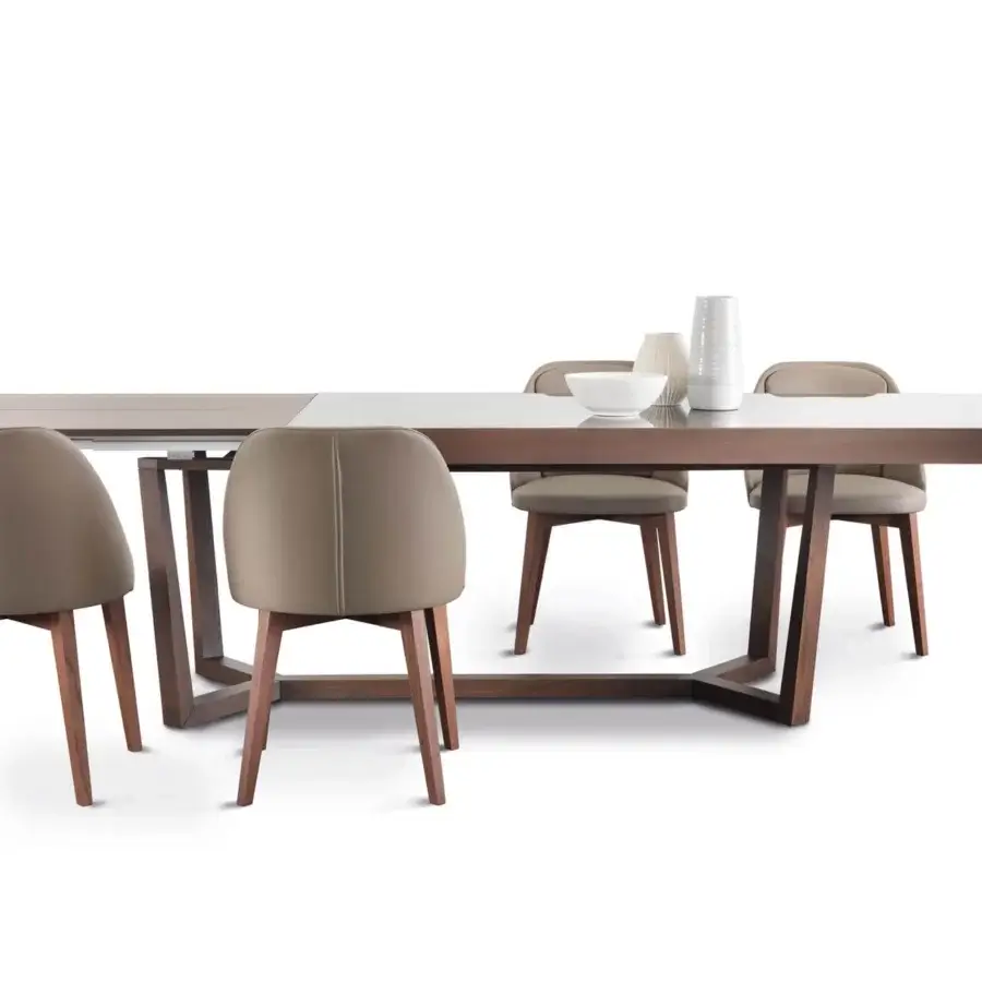 Distinguished Pacini & Cappellini Aliante table with veneered wood and Laminam top in a matte medium brown and glossy neutral tone