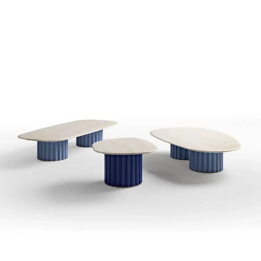 Superior CPRN Homood Pablito coffee table with light marble top and dark blue lacquered base crafted in Italy