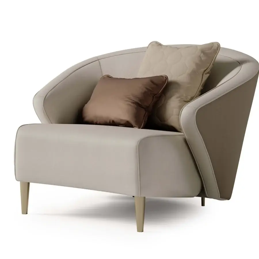 Distinguished Bizzotto Italia Wave lounge chair with light beige fabric and lacquered metal built with cylindrical matte wooden legs