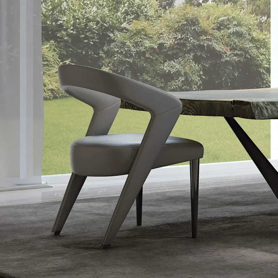 Exclusive Bizzotto Italia Wave chair with curved lines in gray leather and lacquered metal structure