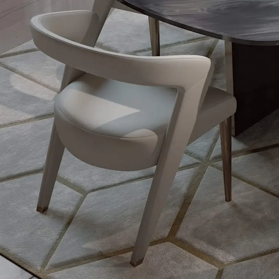 Elegant Bizzotto Italia Wave chair with a curved silhouette upholstered in luxurious light gray fabric and lacquered metal structure