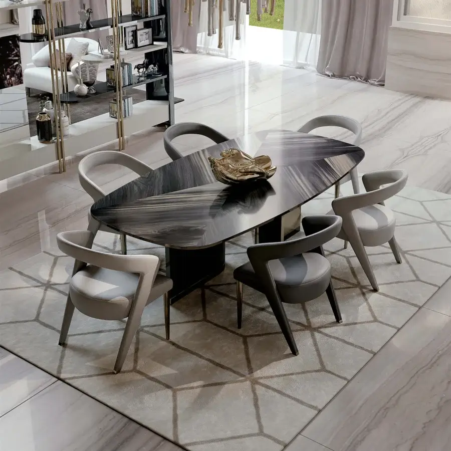 Superior Bizzotto Italia Wave chair with a contemporary silhouette upholstered in light gray fabric and lacquered golden metal legs