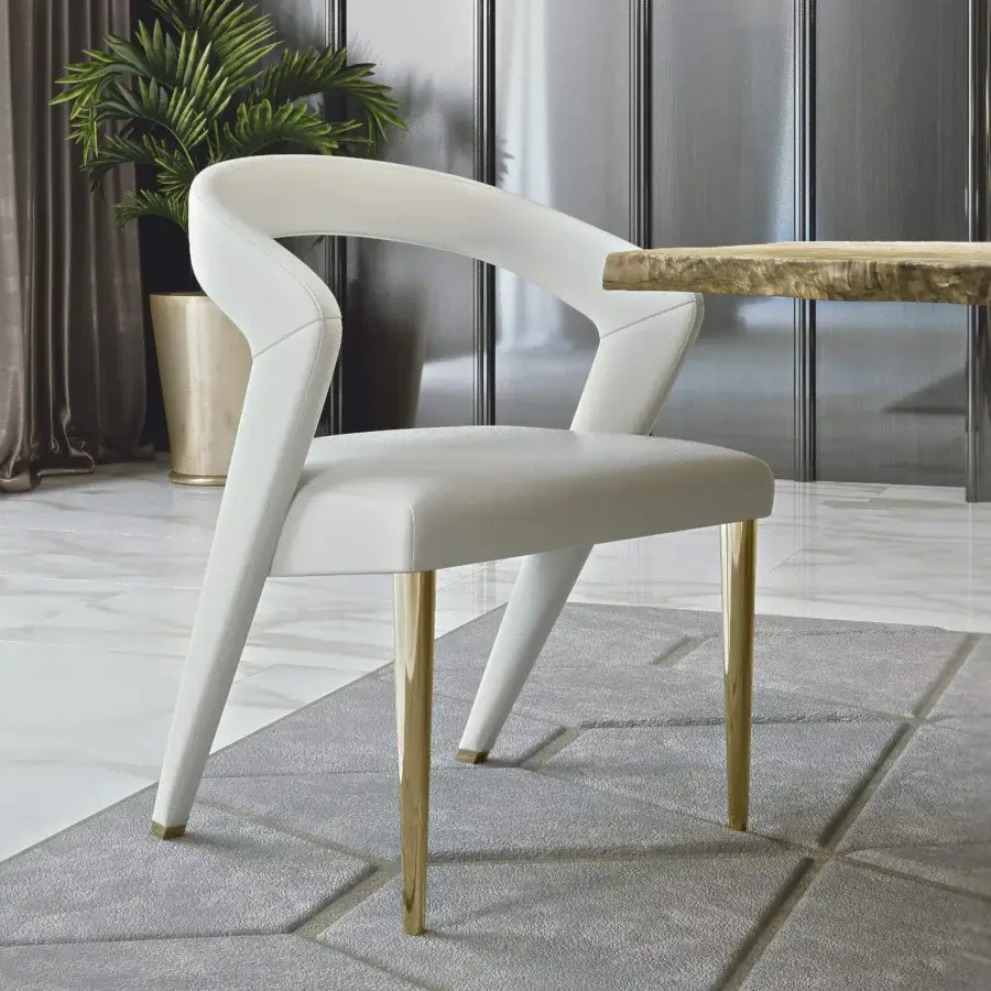 Lavish Bizzotto Italia Wave chair with a sleek curved silhouette upholstered in white synthetic leather or textile with lacquered metal and gold accents