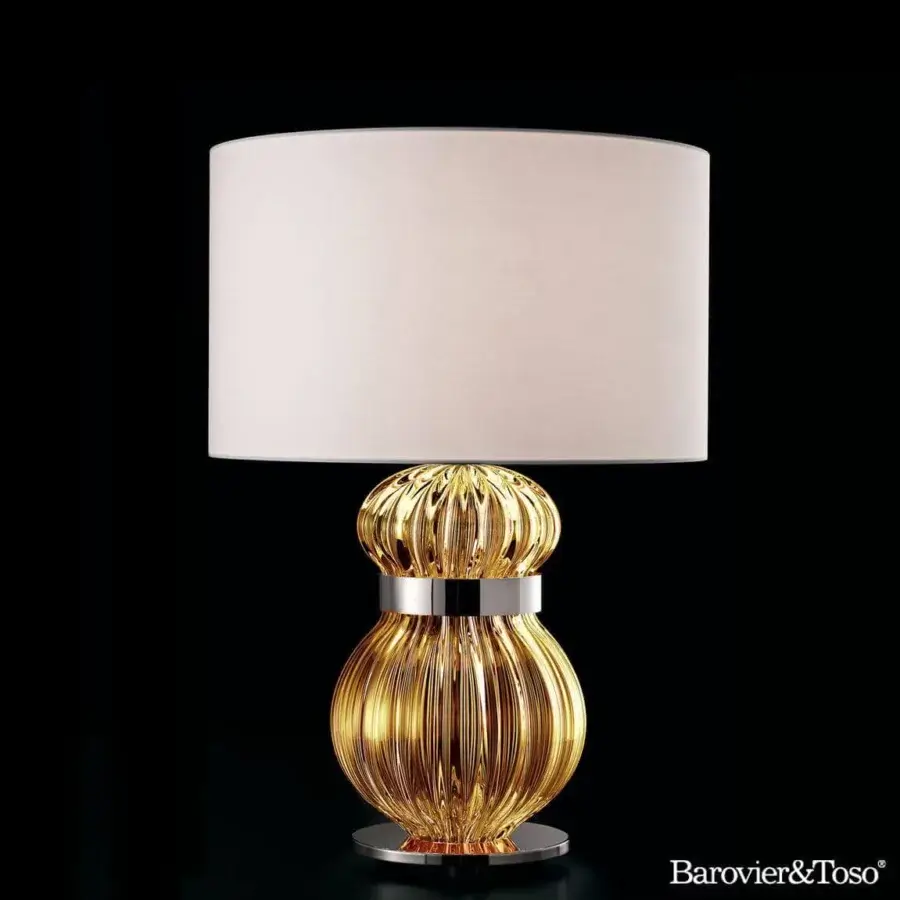 Superior Barovier&Toso Medina lamp crafted with glossy glass and gold-like finish, featuring silver-toned accents with a neutral textile shade