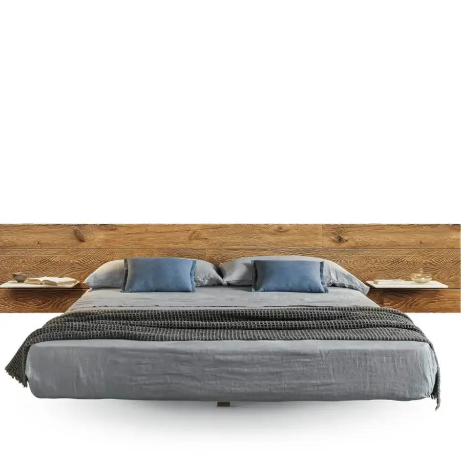 Exceptional Lago Fluttua bed with wooden headboard and grey textile, crafted in a matte finish with visible grain