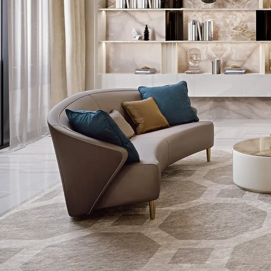 Distinguished Bizzotto Italia Wave sofa upholstered in light brown textile with lacquered metal legs and teal cushions