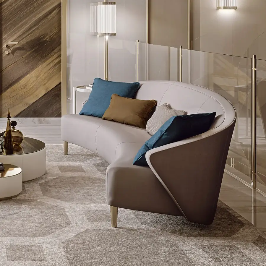 Superior Bizzotto Italia Wave sofa upholstered in light beige textile with lacquered metal structure and plush muted cushions