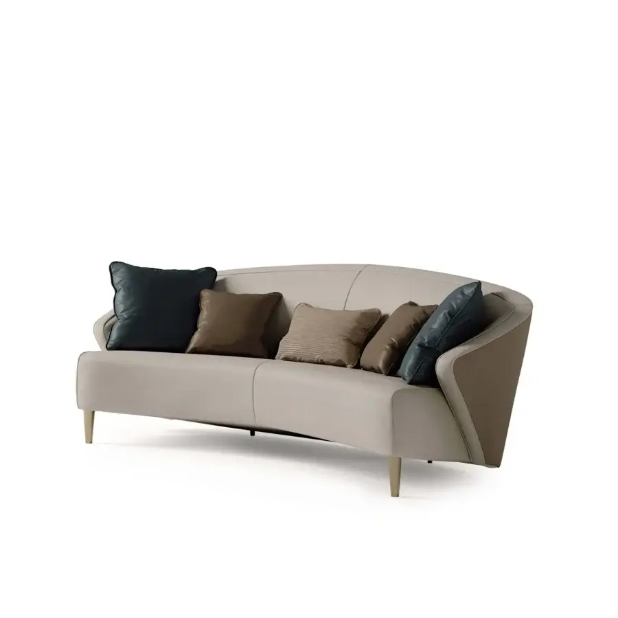 Exceptional Bizzotto Italia Wave sofa upholstered in light beige fabric with smooth lacquered metal construction and light wooden legs