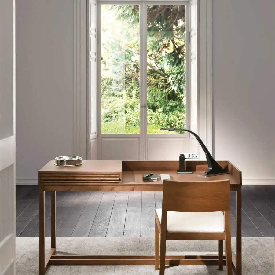 Distinguished Pacini & Cappellini Athena desk crafted with solid ash wood and veneered top in a smooth medium brown finish