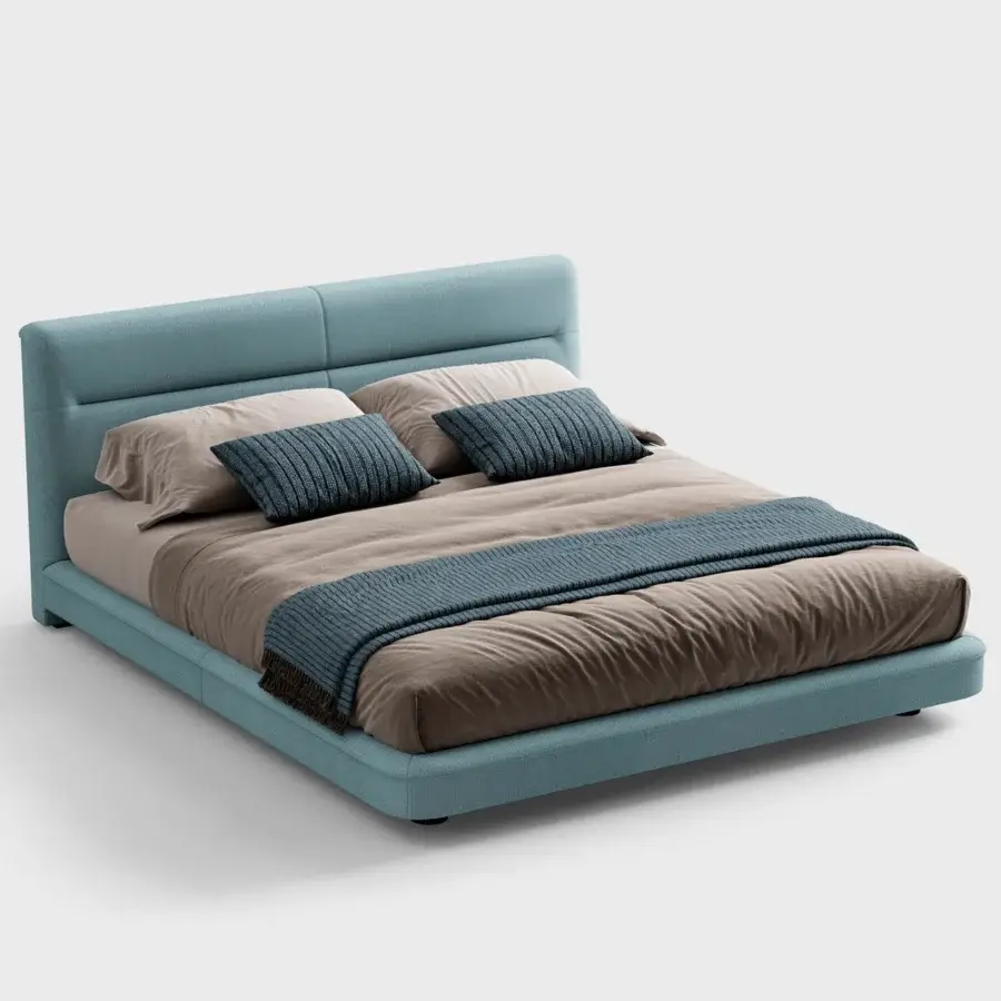 Elegant CPRN Homood Clermont bed with light blue-green textile upholstery and beveled frame crafted for harmonious style