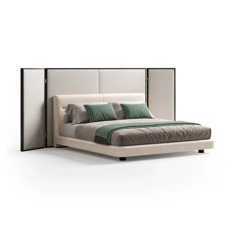 Superior CPRN Homood Clermont bed with uniquely hinged backdrop and light beige high-quality fabric upholstery with matte finish