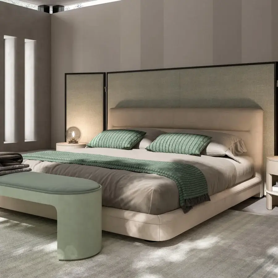 Distinctive CPRN Homood Clermont bed crafted in Italy with light beige padded upholstery and textured dark framed headboard