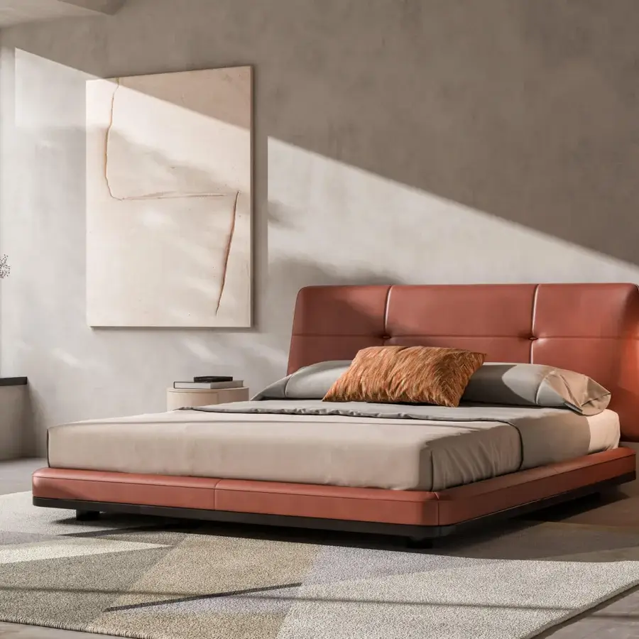 Sophisticated CPRN Homood Jackie bed upholstered in reddish-brown synthetic fabric with vertical stitched detailing and a recessed base