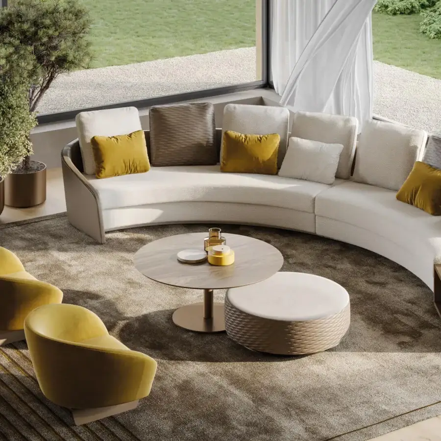 Exceptional Reflex Stratum sectional upholstered in light cream textile with medium brown sides and mustard yellow cushions