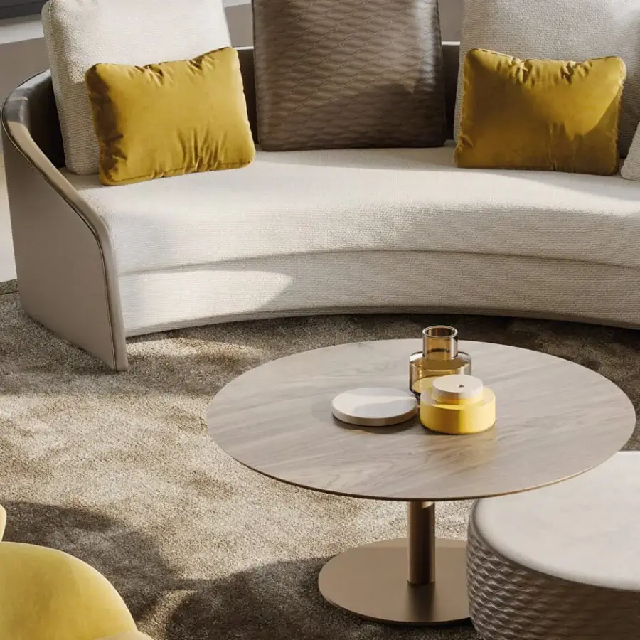 Distinguished Reflex Stratum sectional with layered design, light cream woven textile and accents of mustard yellow velvet cushions