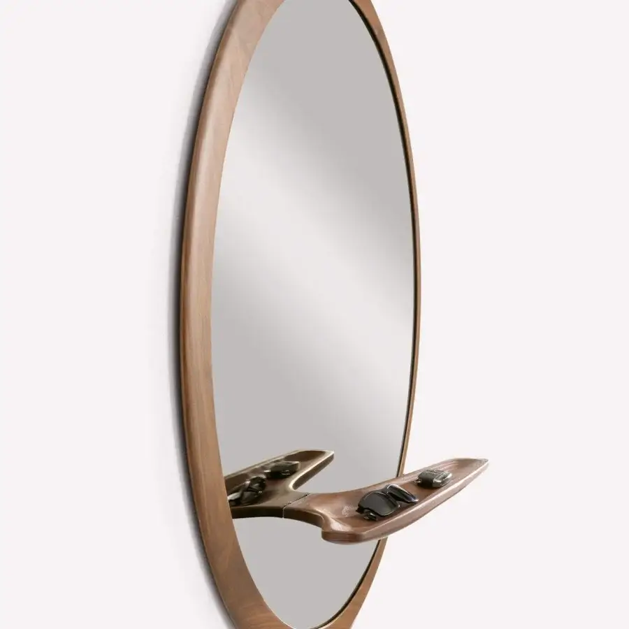 Superior Pacini & Cappellini Mirage mirror with a curved wooden shelf and natural finish