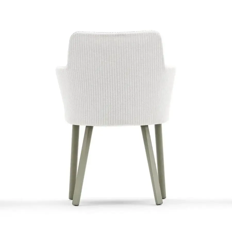Elegant Varaschin Emma chair with off-white ribbed Textilene upholstery and muted gray-green powder-coated aluminum structure
