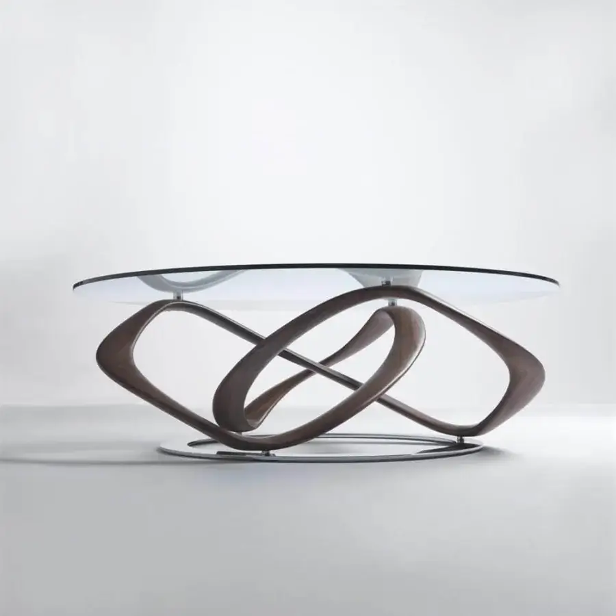 Exclusive Porada Infinity coffee table with transparent tempered glass and a Wengé finished Canaletta walnut base crafted with a chrome plated ring