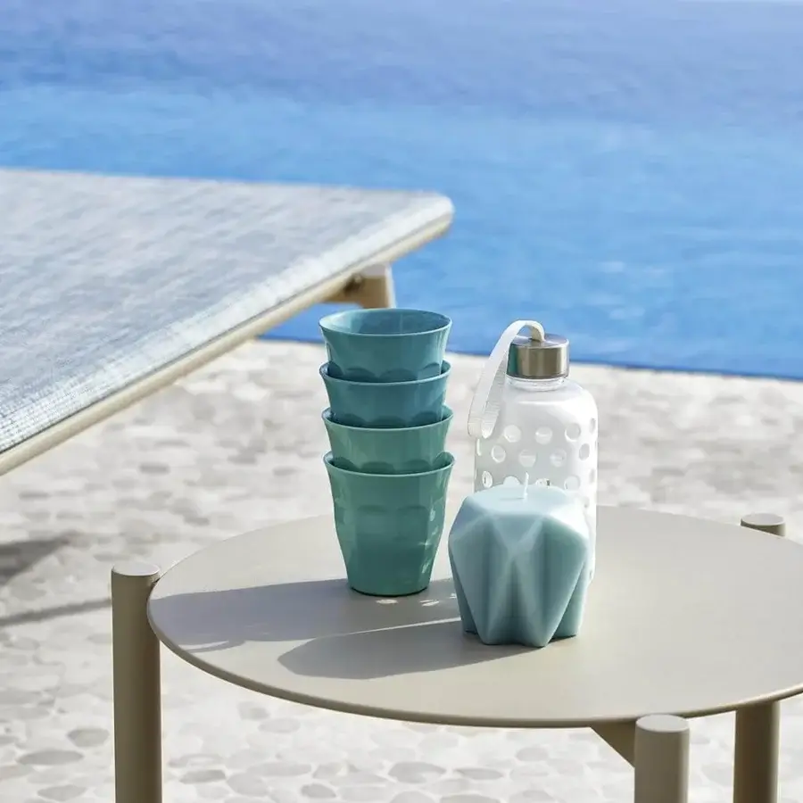Elegant Bahia side table with a muted gray tabletop and matte finish aluminum structure crafted in Italy