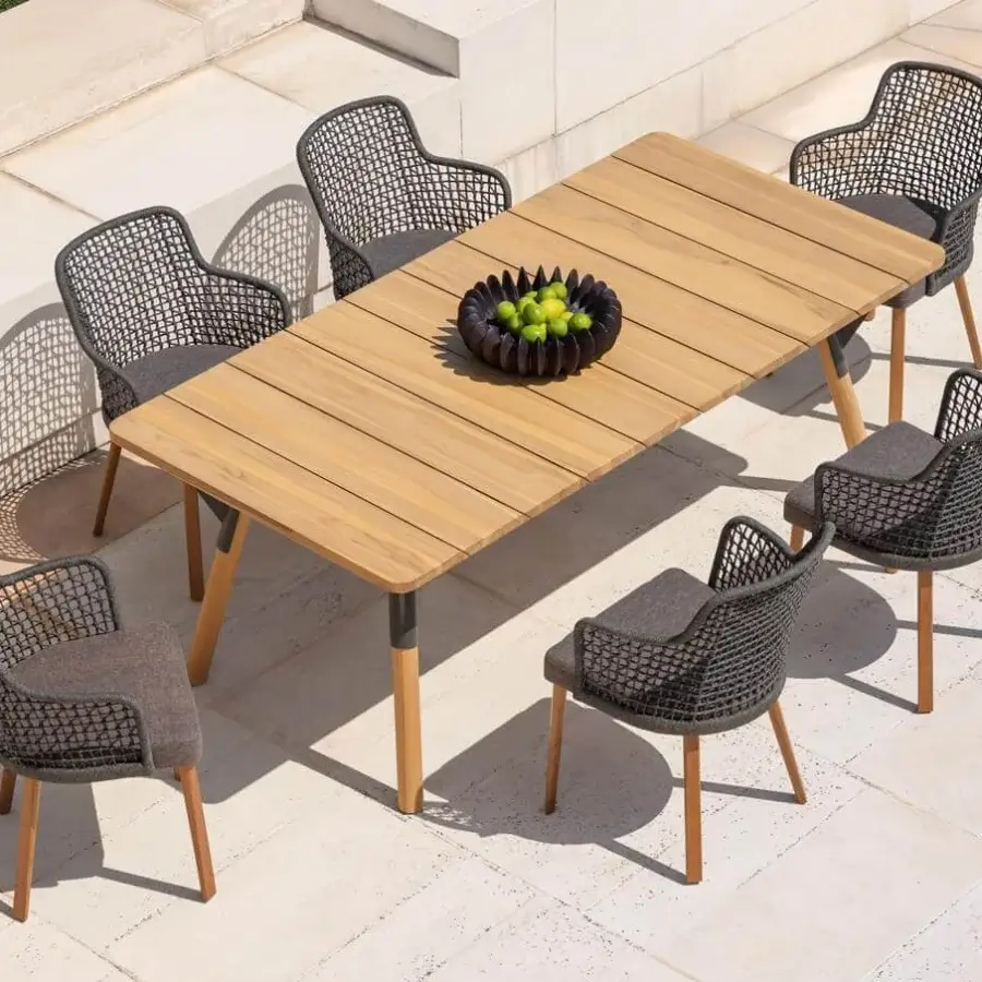 Sophisticated Varaschin Emma chair with a powder-coated aluminum frame and hand-woven dark gray synthetic fiber backrest crafted with a textile seat and light-toned wooden legs