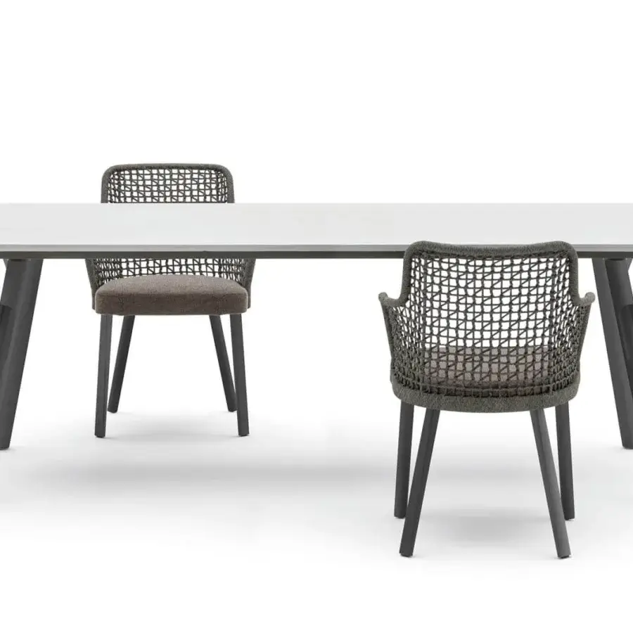 Exceptional Varaschin Emma armchair with a hand-woven synthetic fiber cord backrest and muted gray-brown powder-coated aluminum frame