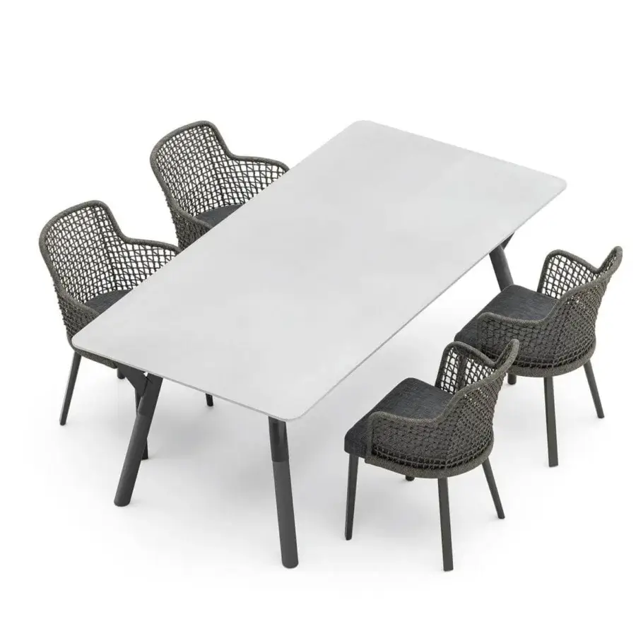 Superior Varaschin Emma chair with a powder-coated aluminum frame and hand-woven gray synthetic fiber cord backrest