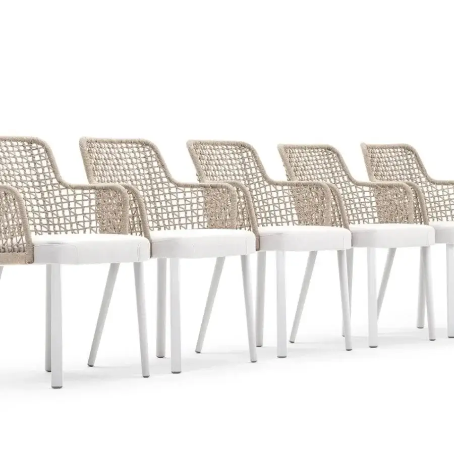 Elegant Varaschin Emma armchair with light beige hand-woven cord and light cream waterproof fabric seat in white powder-coated aluminum
