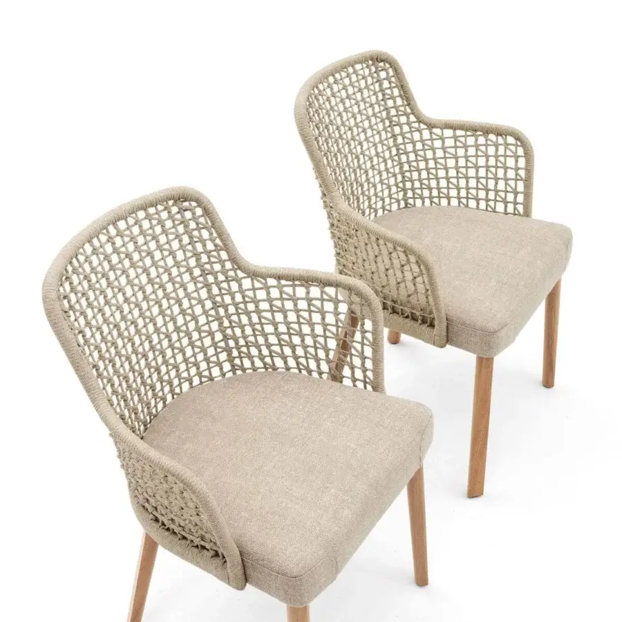 Distinguished Varaschin Emma chair with a powder-coated aluminum structure and hand-woven synthetic fiber cord backrest in light beige outdoor fabric